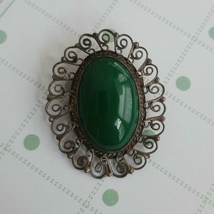 Vintage Green Onyx Brooch Pin Pendant Mexico Boho